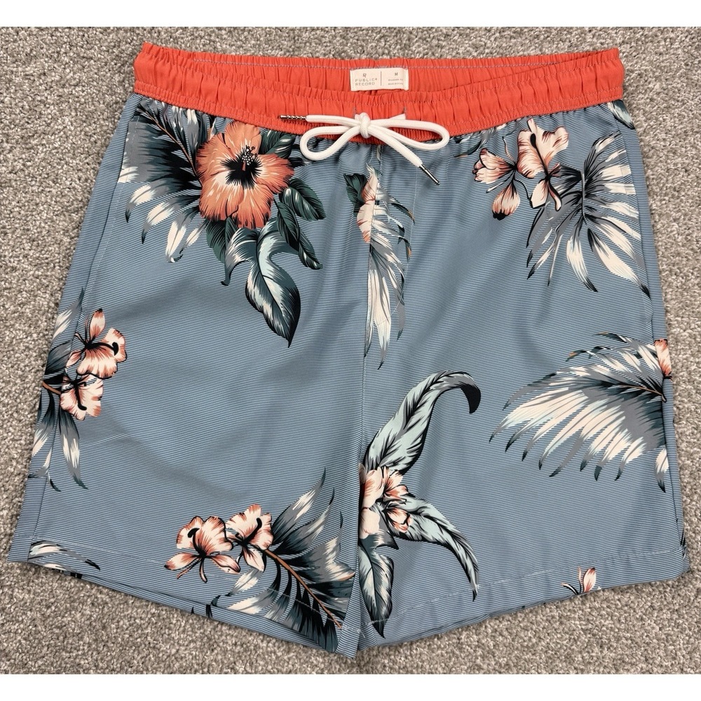 Public Rec Swim Shorts Mens Medium Blue Floral Tropical Orange Pocket Drawstring